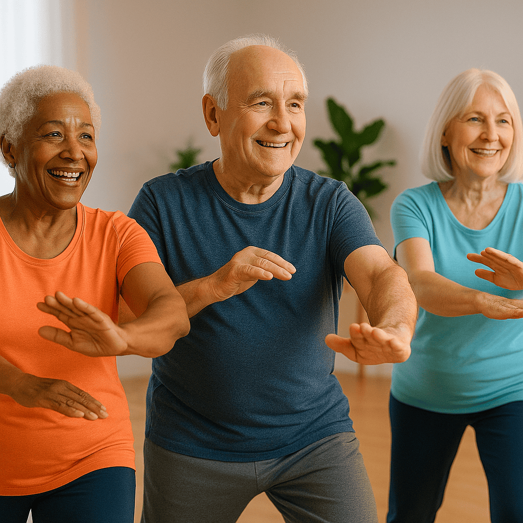 Senior adult doing gentle fitness exercises in a bright, modern home environment